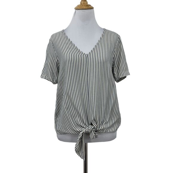 Madewell Novel Tie Front Shirt Womens XS Extra Small Stripe V Neck Short Sleeve - Picture 1 of 14